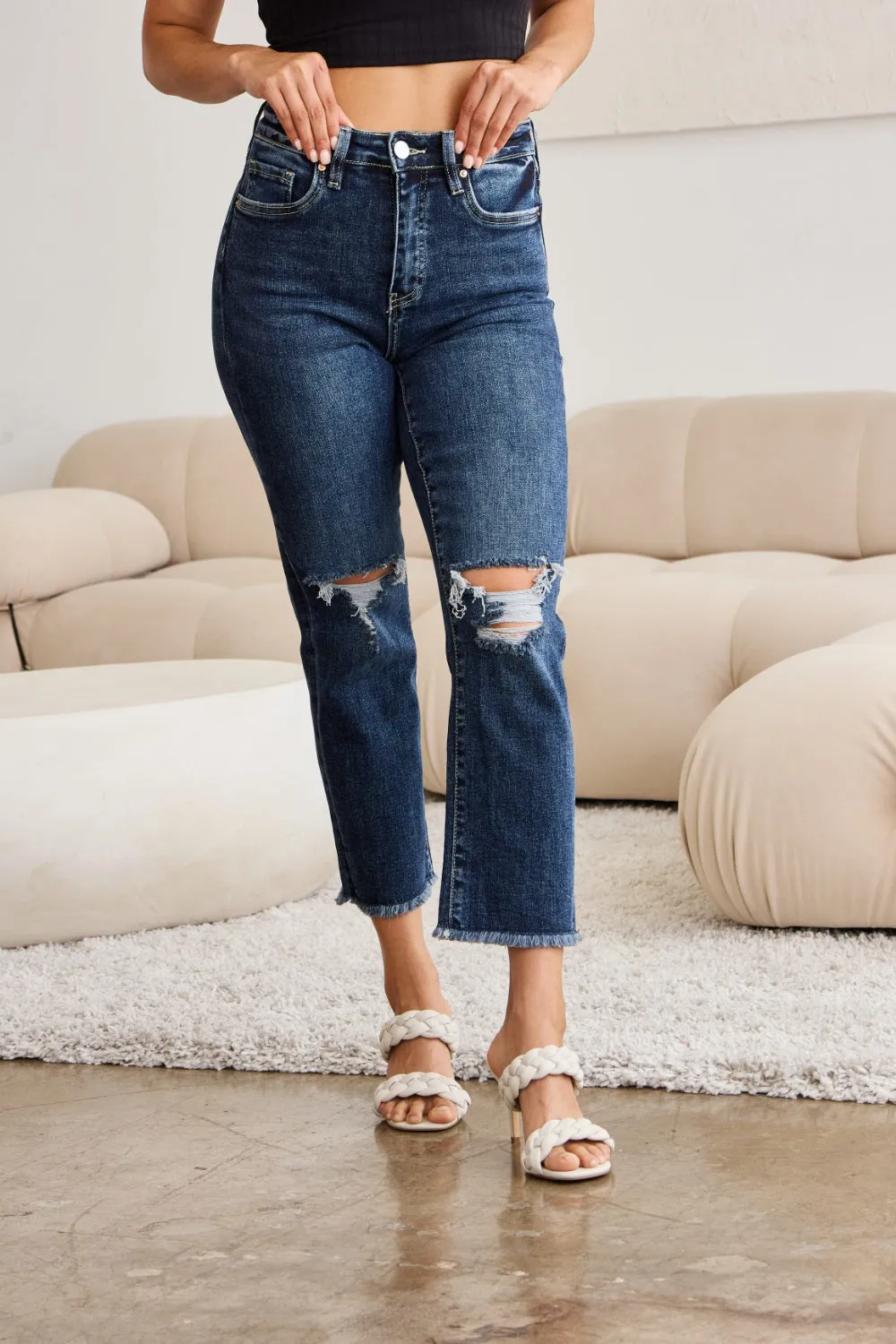 RFM Tummy Control Distressed High Waist Raw Hem Jeans
