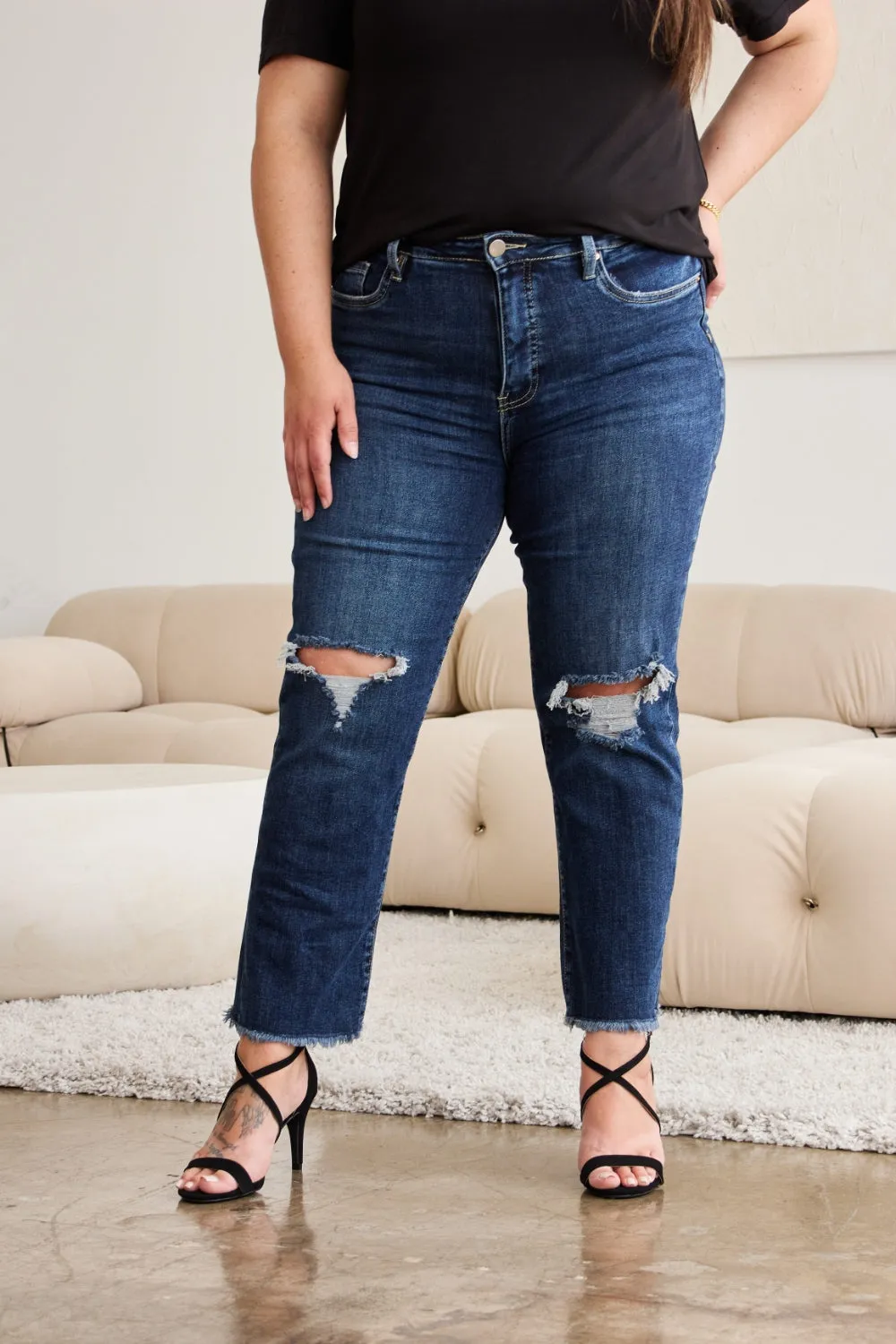 RFM Tummy Control Distressed High Waist Raw Hem Jeans
