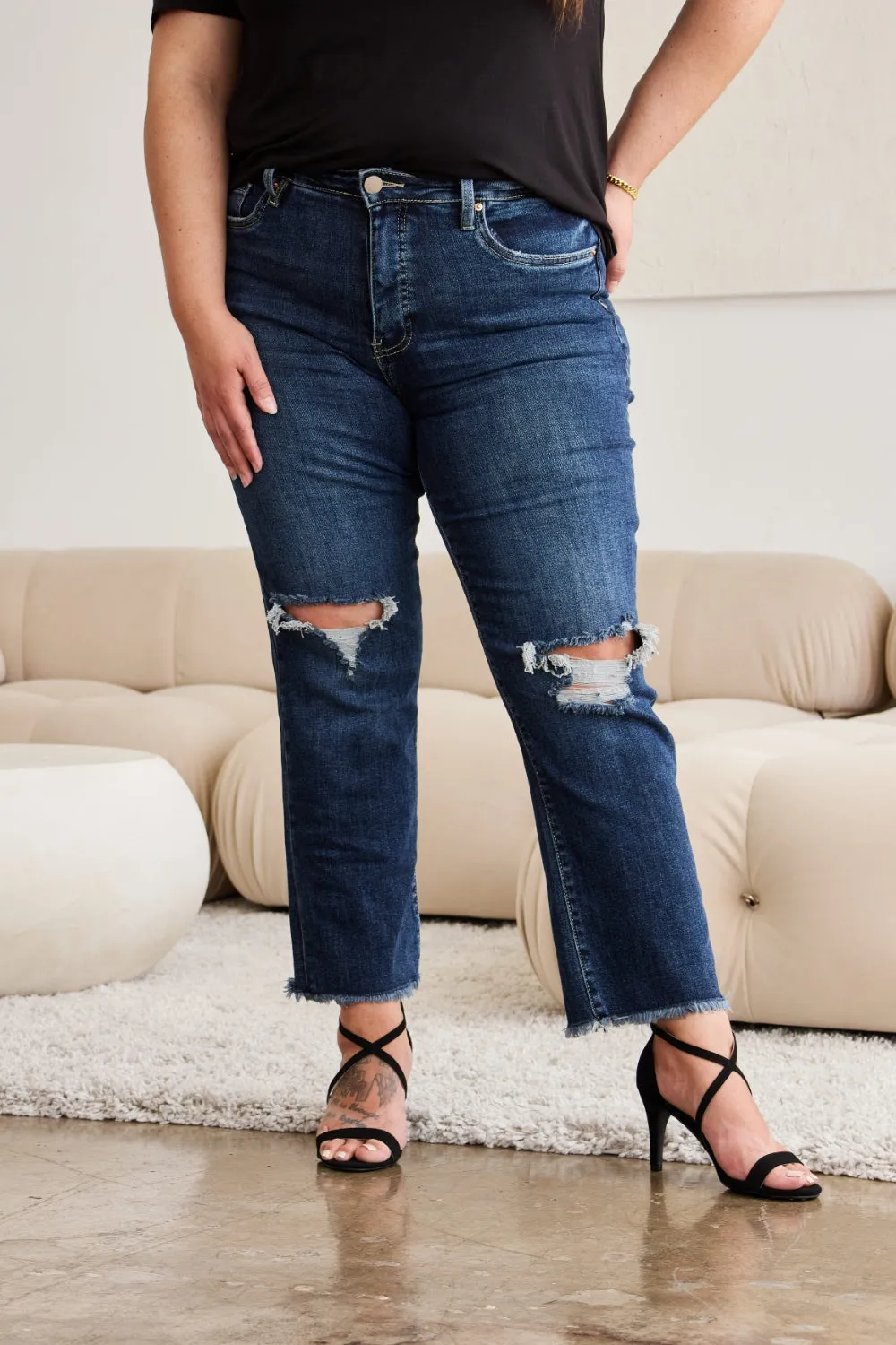 RFM Tummy Control Distressed High Waist Raw Hem Jeans