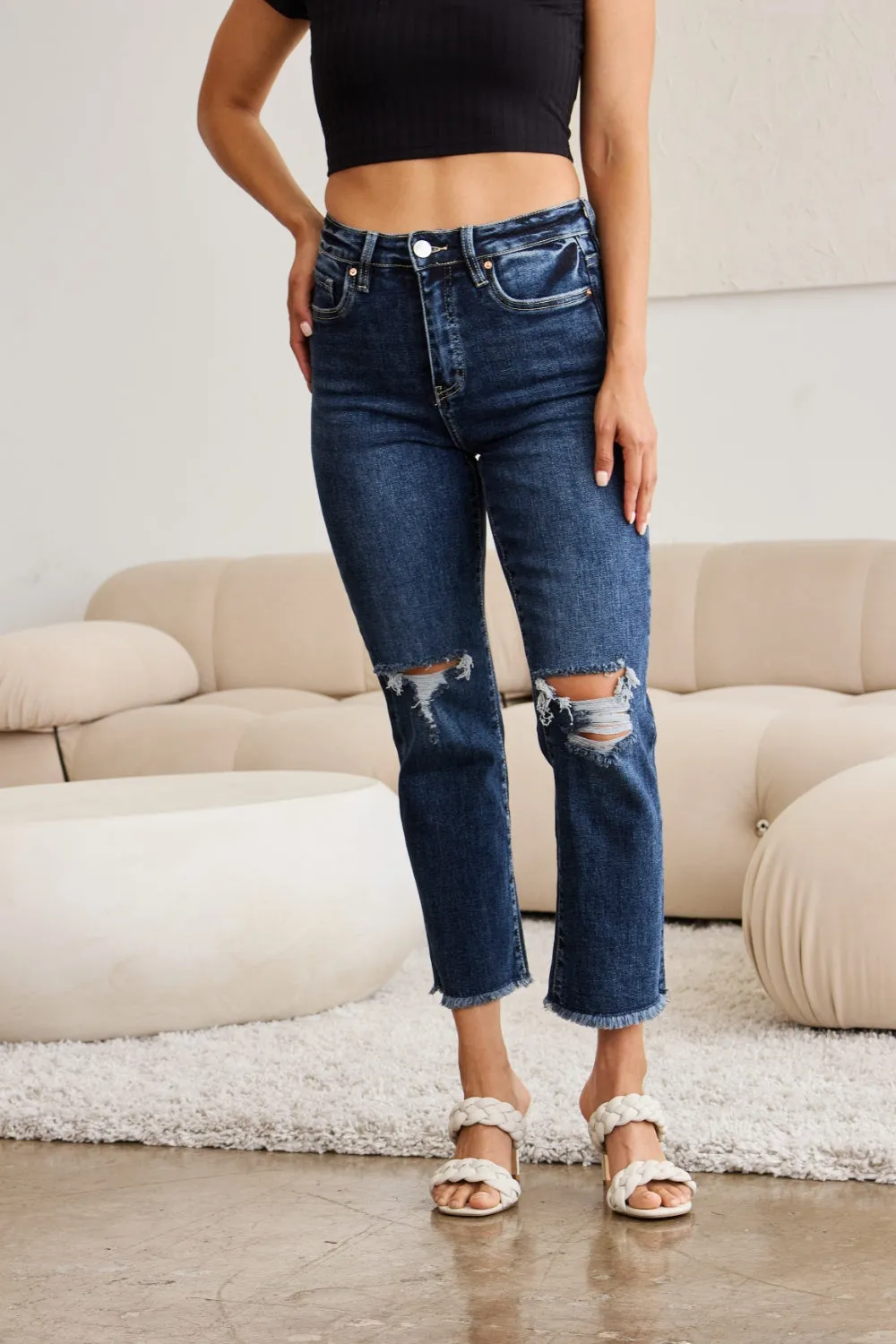 RFM Tummy Control Distressed High Waist Raw Hem Jeans