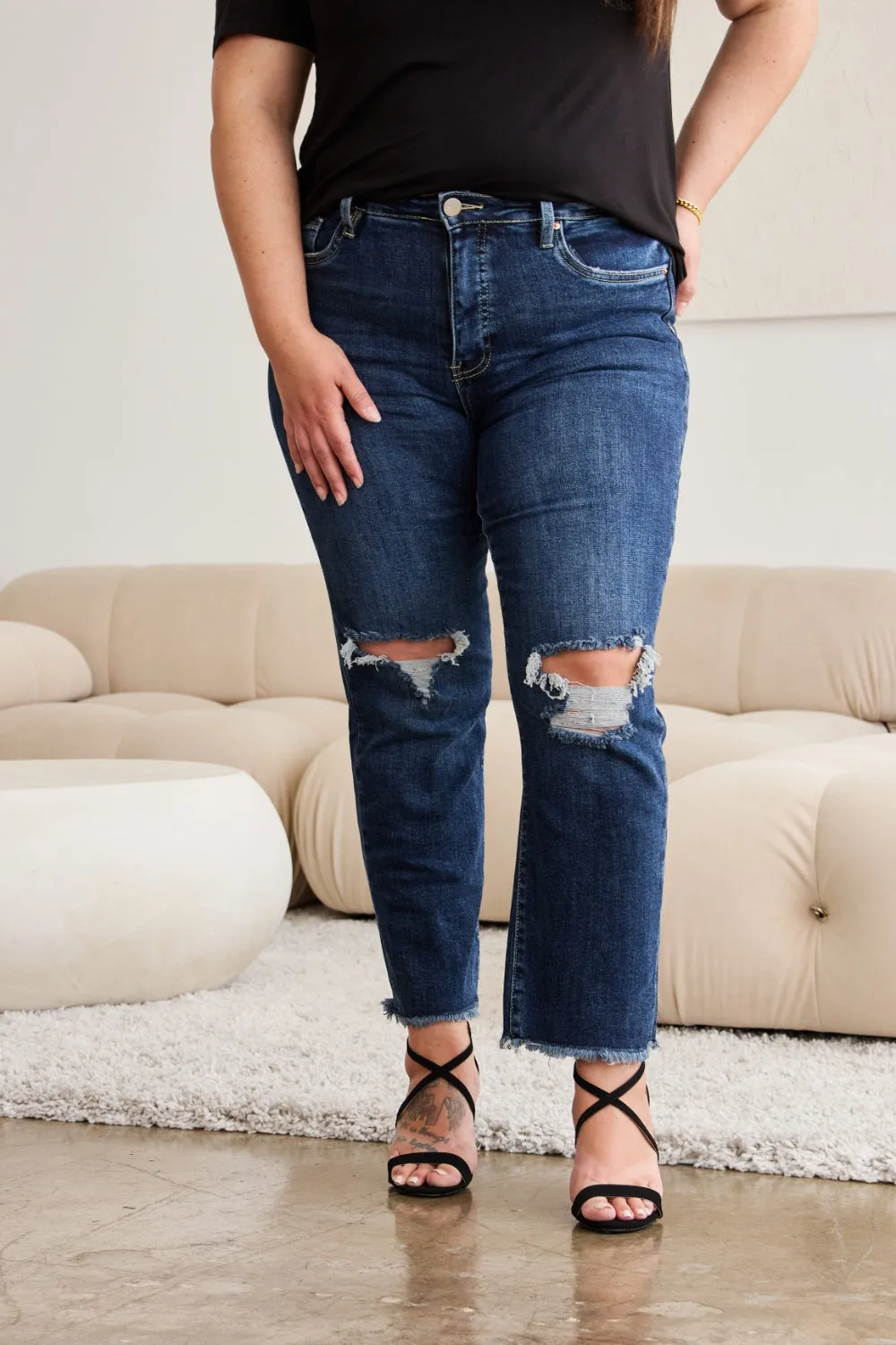 RFM Tummy Control Distressed High Waist Raw Hem Jeans