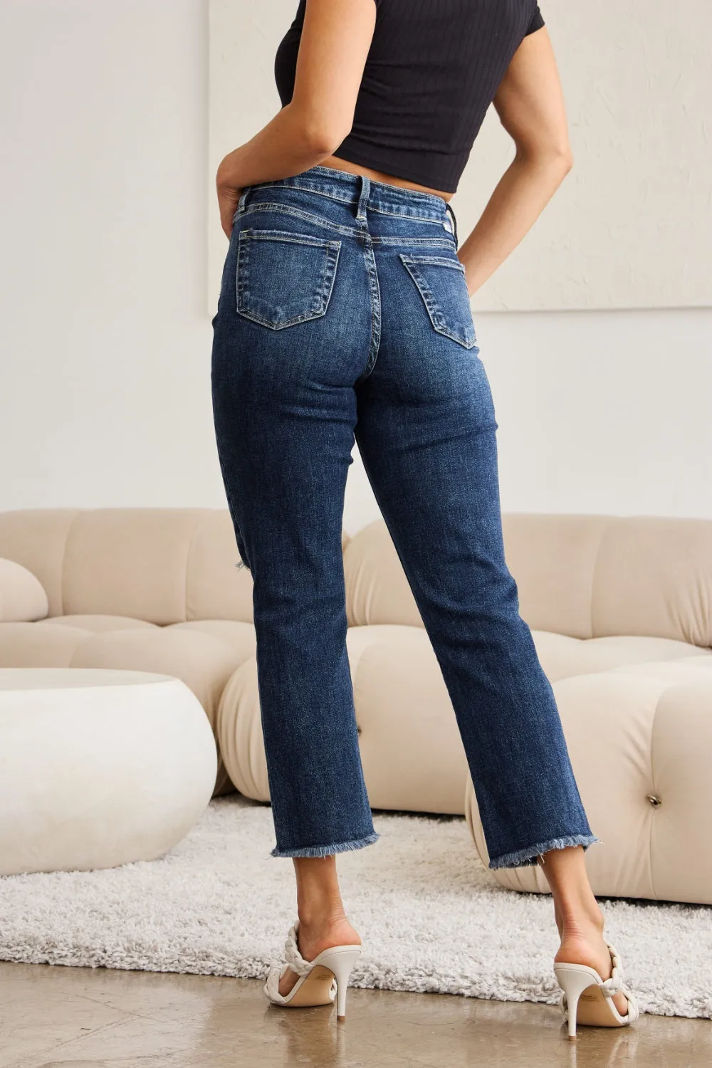 RFM Tummy Control Distressed High Waist Raw Hem Jeans