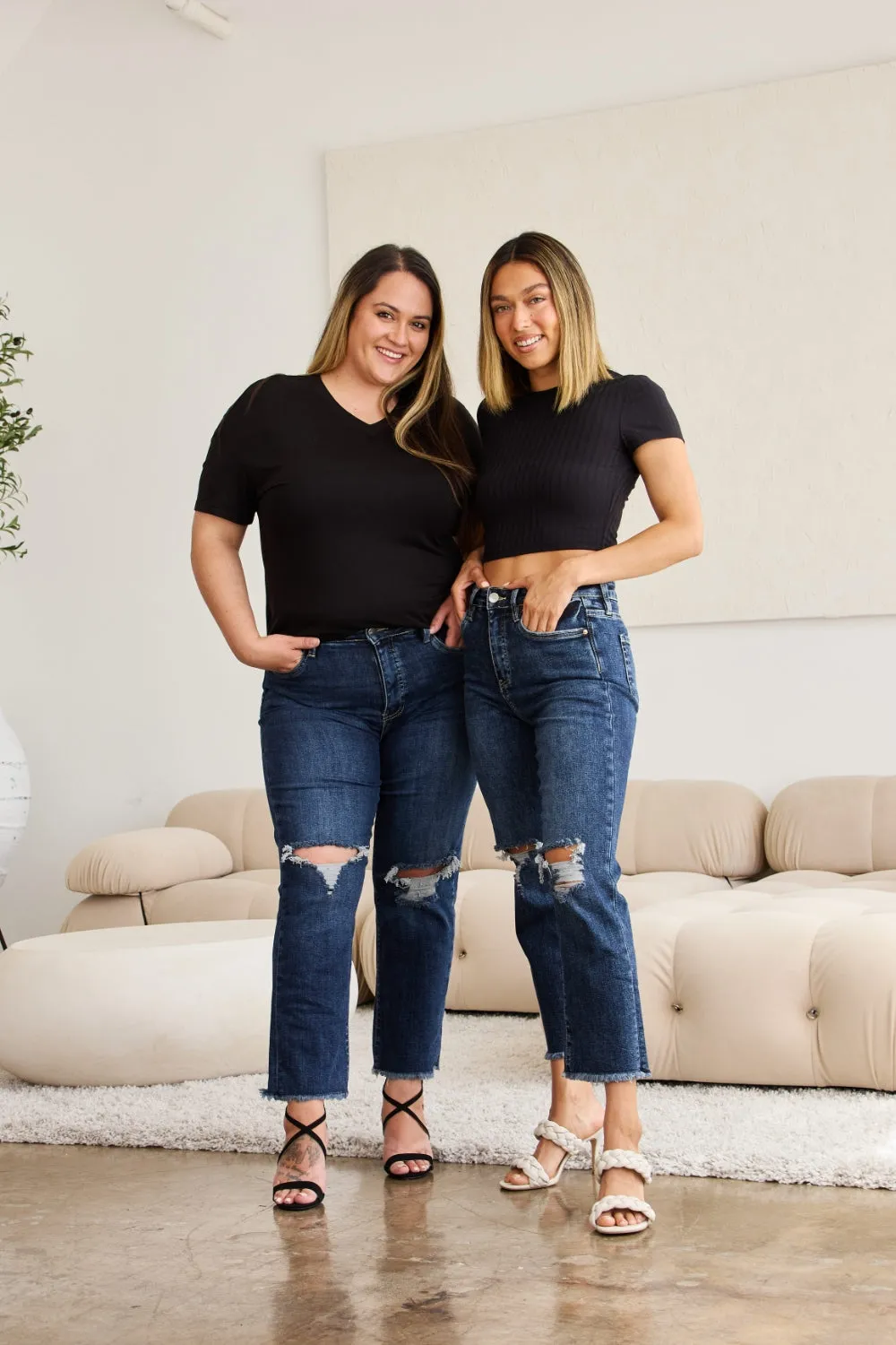 RFM Tummy Control Distressed High Waist Raw Hem Jeans