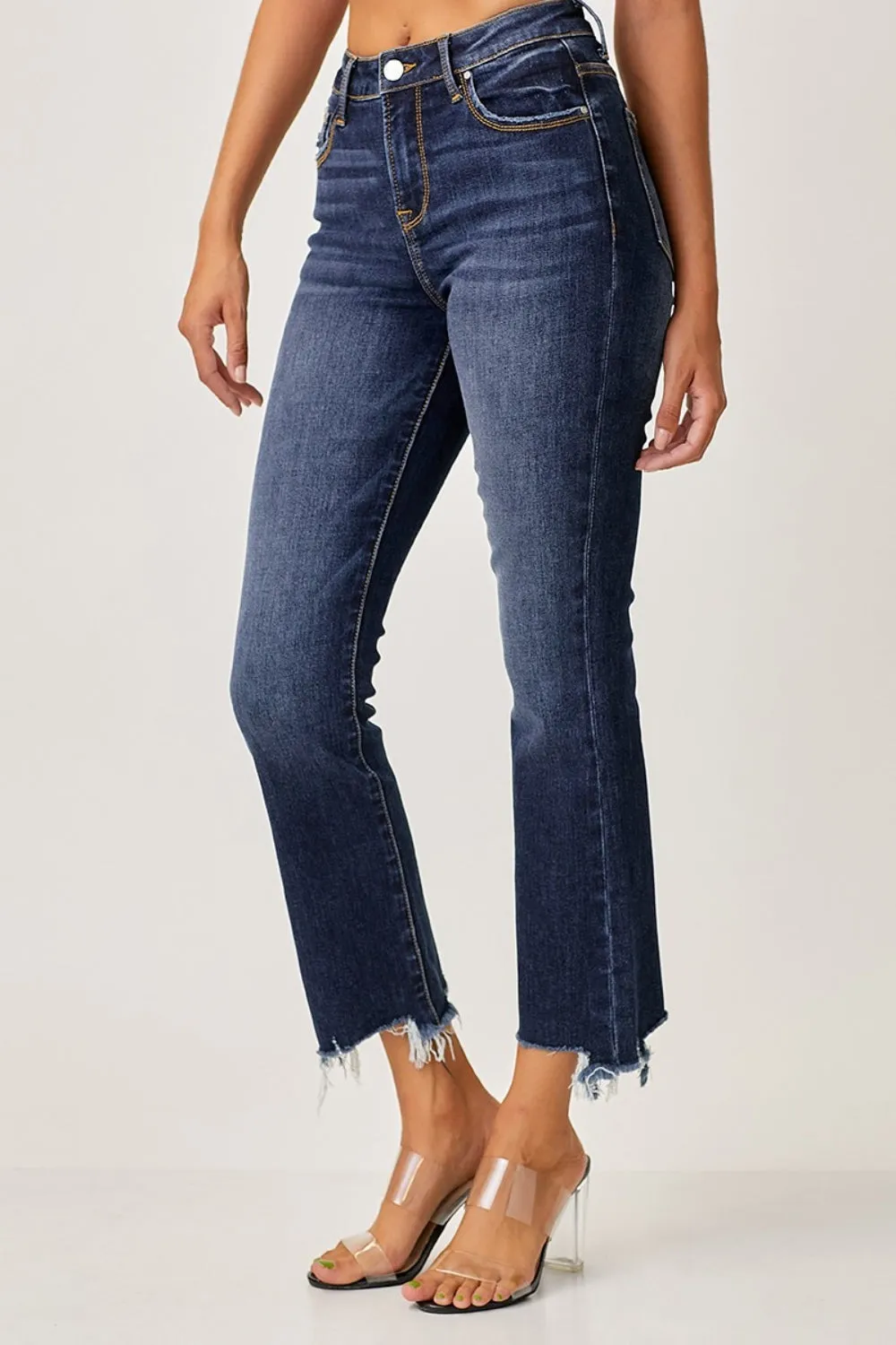 Risen Frayed Hem Cropped Straight Jeans