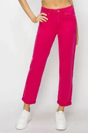Risen Fuschia High Waist Rolled Hem Straight Jeans