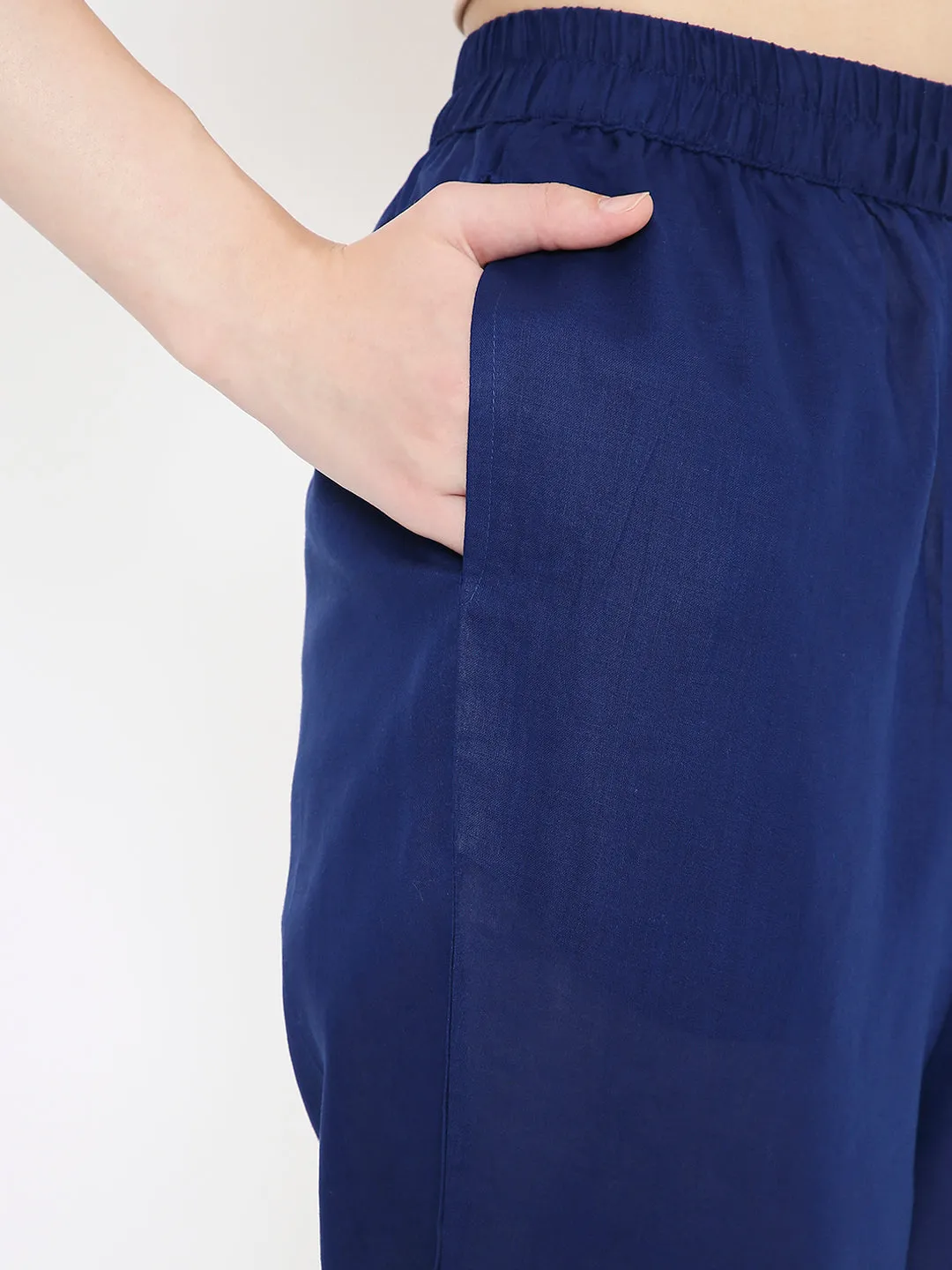 Royal Blue Cotton Straight Fit Slip-on Trouser