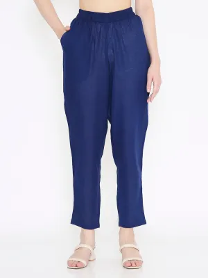 Royal Blue Cotton Straight Fit Slip-on Trouser