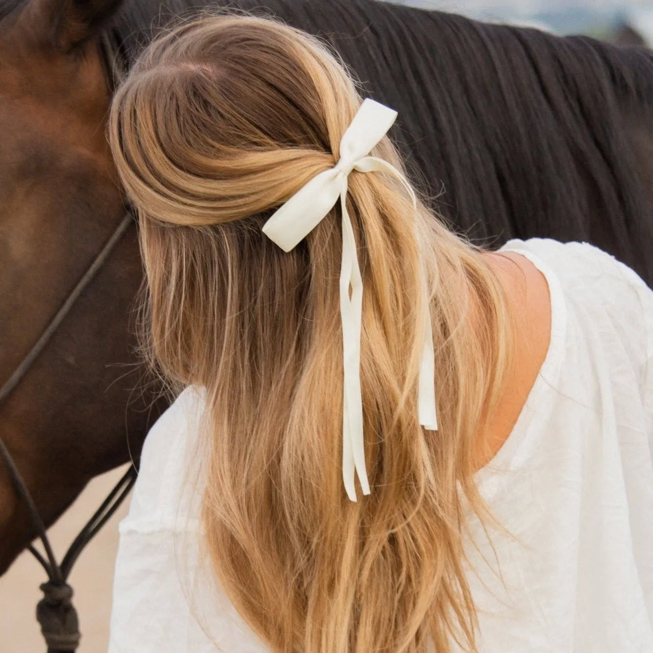 Satin Ribbon Long Bow Clip - Cream