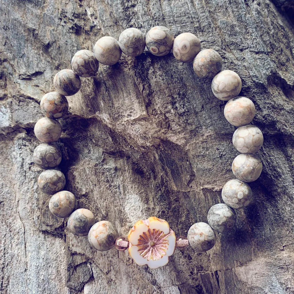 serenity // fossil jasper with light pink hibiscus flower bead mala bracelet