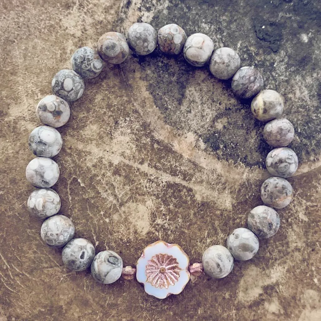 serenity // fossil jasper with light pink hibiscus flower bead mala bracelet