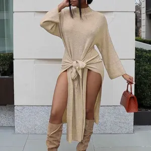 Solid Long Sleeve Tied Front Slit Casual Dress