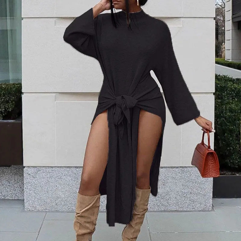 Solid Long Sleeve Tied Front Slit Casual Dress