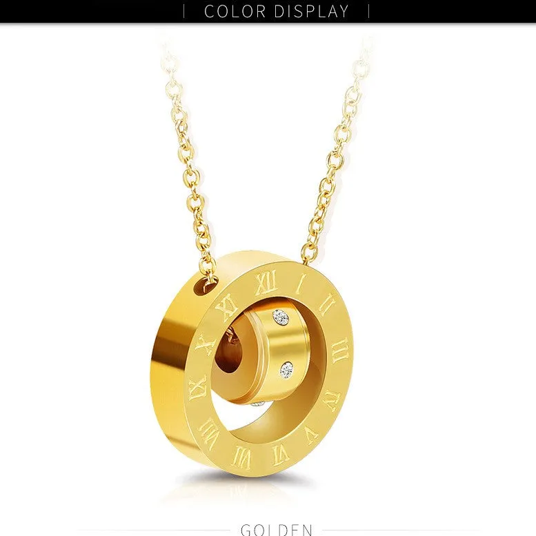Stainless Steel Roman Numerals Rhinestone Couple Pendant Necklace Stylish Jewelry Gifts for Women and Men
