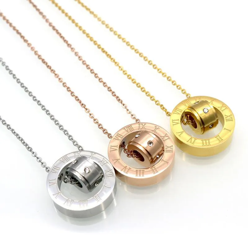 Stainless Steel Roman Numerals Rhinestone Couple Pendant Necklace Stylish Jewelry Gifts for Women and Men
