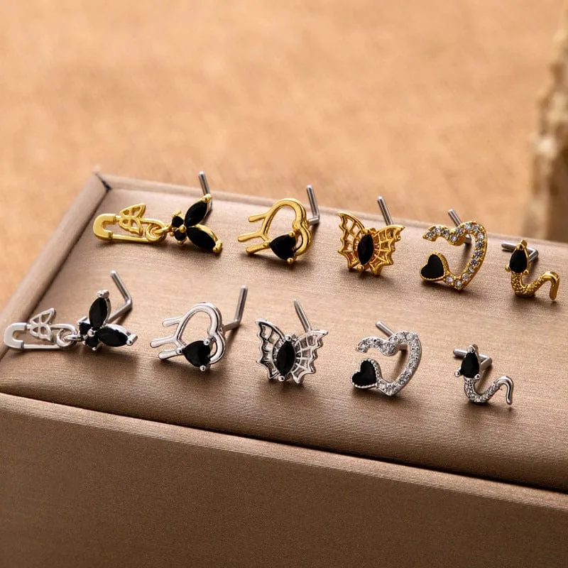 Stylish Black CZ Inlaid Stainless Steel Butterfly Spider Web Nose Piercing Nose Stud