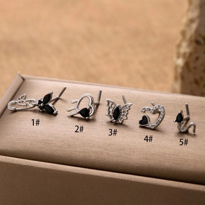 Stylish Black CZ Inlaid Stainless Steel Butterfly Spider Web Nose Piercing Nose Stud