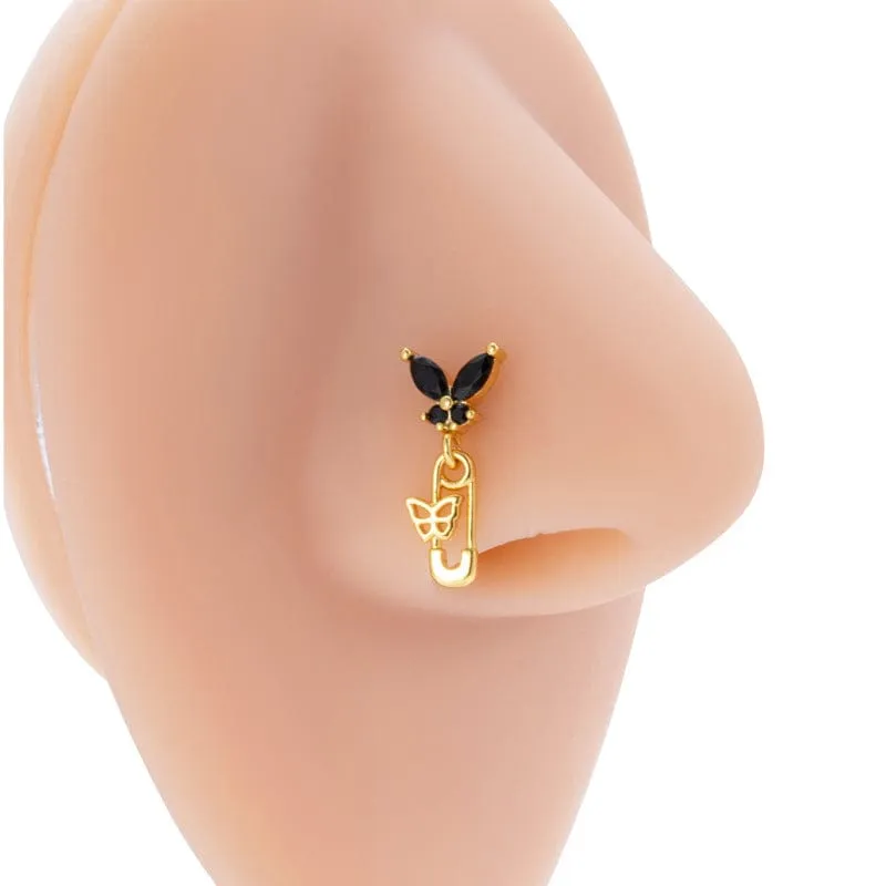 Stylish Black CZ Inlaid Stainless Steel Butterfly Spider Web Nose Piercing Nose Stud
