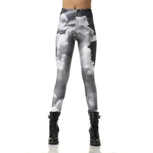 Stylish Elastic Waisted Cloud Print Narrow Feet Women's Leggings - Black And Grey L