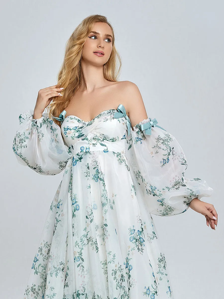 Stylish Long Sleeve Matrenity Gown for Wedding Boho Flower Print Colored Wedding Dress YW240075