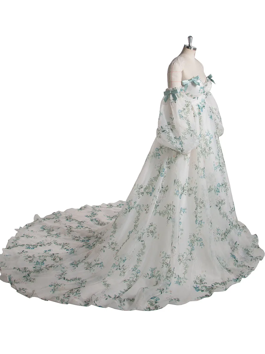 Stylish Long Sleeve Matrenity Gown for Wedding Boho Flower Print Colored Wedding Dress YW240075