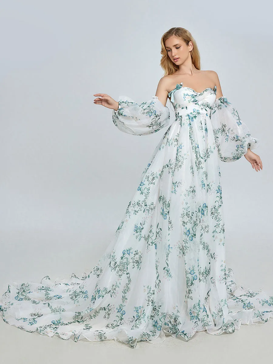 Stylish Long Sleeve Matrenity Gown for Wedding Boho Flower Print Colored Wedding Dress YW240075