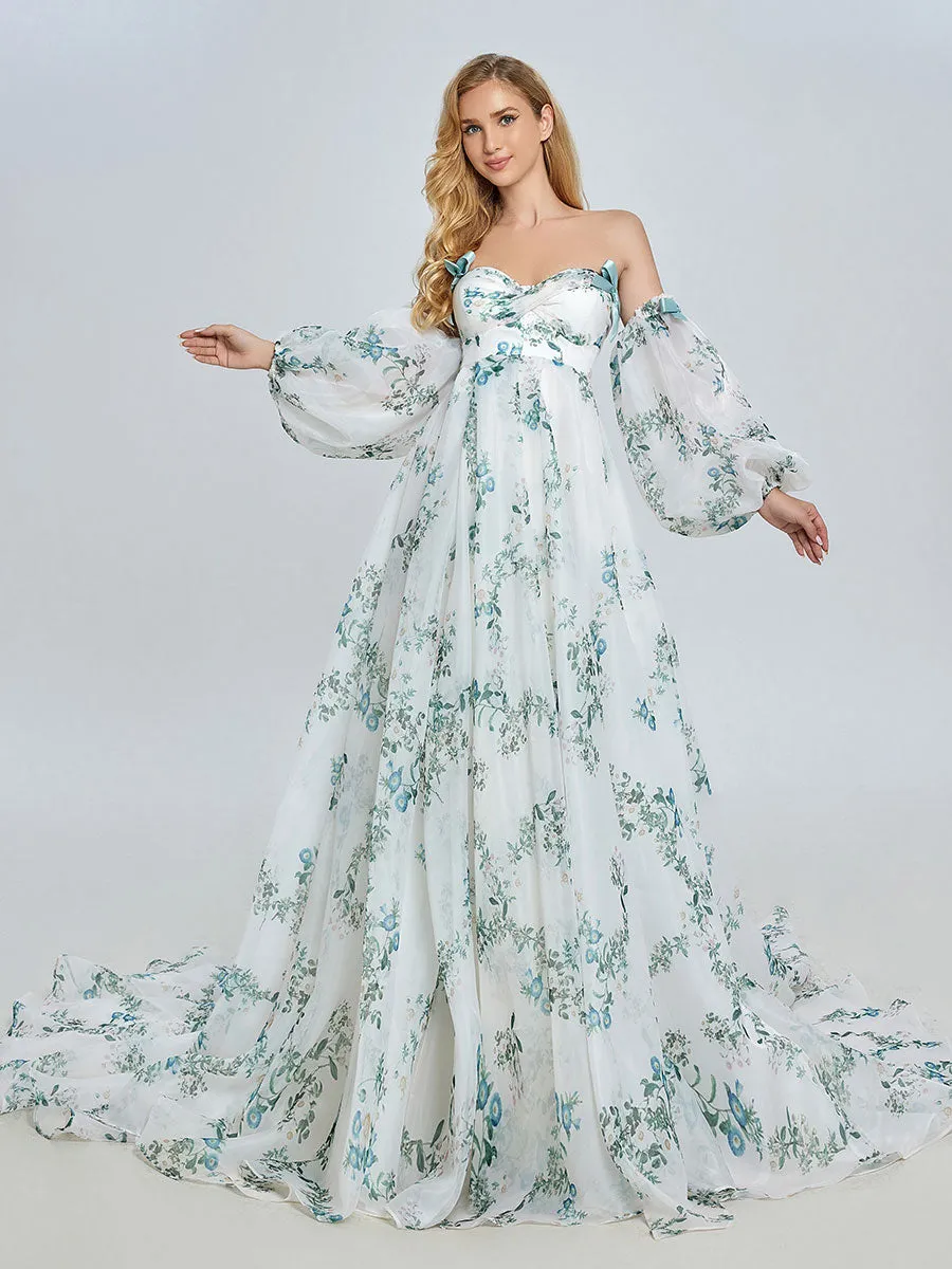 Stylish Long Sleeve Matrenity Gown for Wedding Boho Flower Print Colored Wedding Dress YW240075