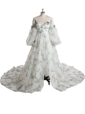 Stylish Long Sleeve Matrenity Gown for Wedding Boho Flower Print Colored Wedding Dress YW240075