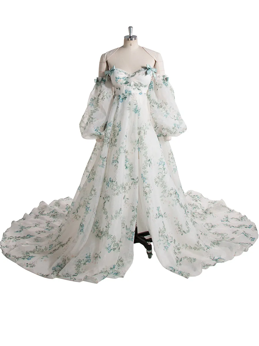 Stylish Long Sleeve Matrenity Gown for Wedding Boho Flower Print Colored Wedding Dress YW240075