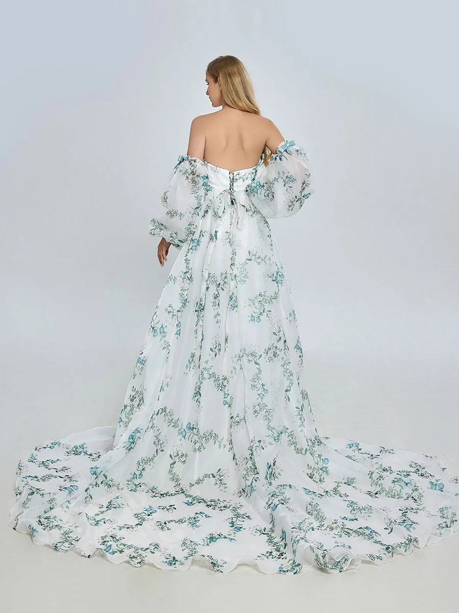 Stylish Long Sleeve Matrenity Gown for Wedding Boho Flower Print Colored Wedding Dress YW240075