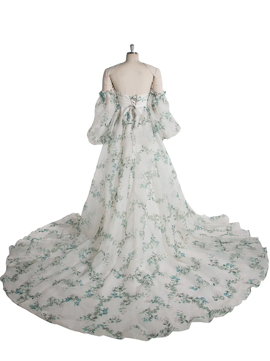 Stylish Long Sleeve Matrenity Gown for Wedding Boho Flower Print Colored Wedding Dress YW240075