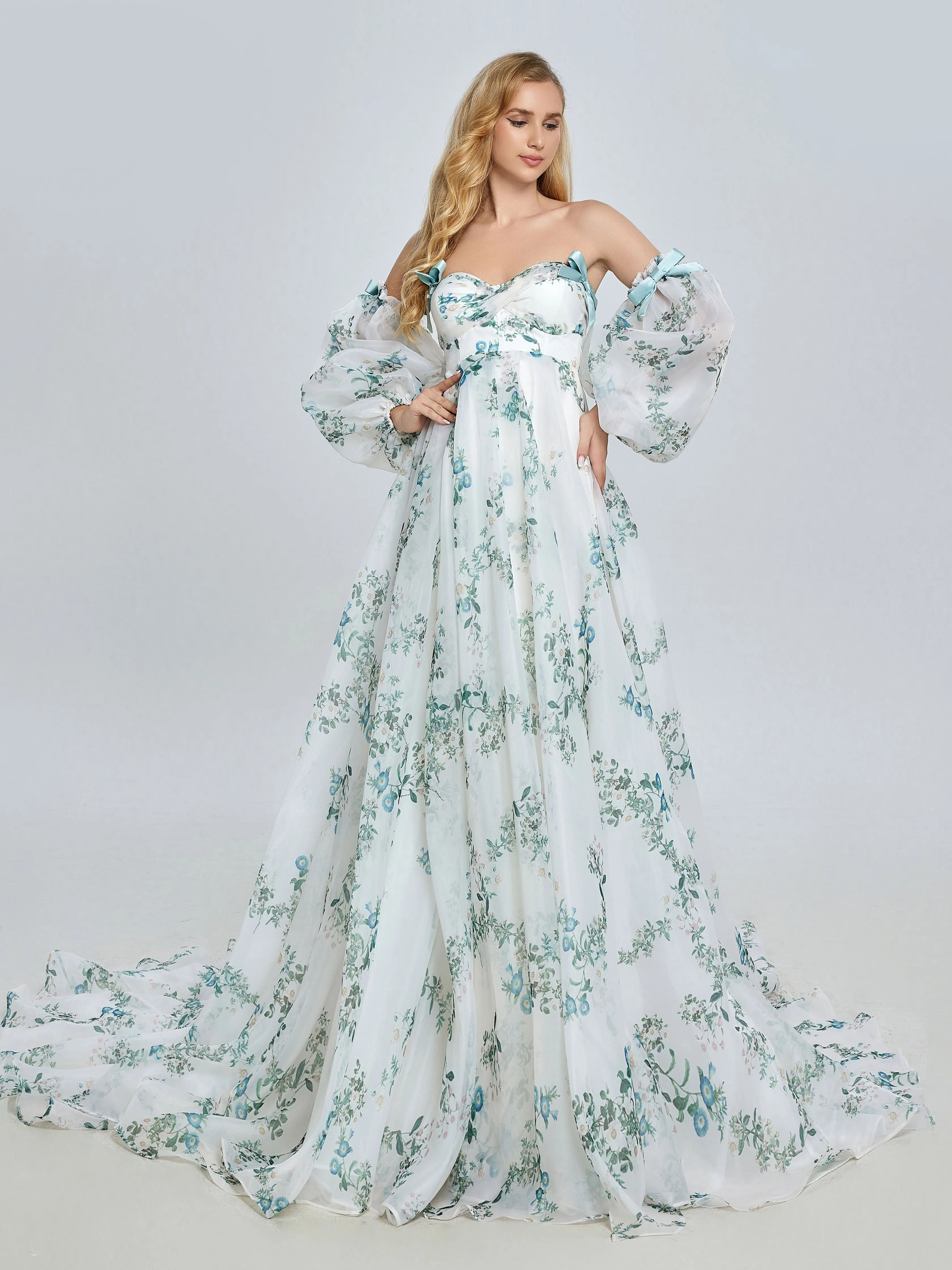 Stylish Long Sleeve Matrenity Gown for Wedding Boho Flower Print Colored Wedding Dress YW240075