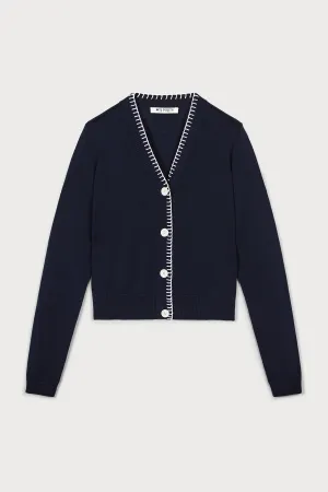 Stylish Navy & White Contrast Top Stitch Cardigan