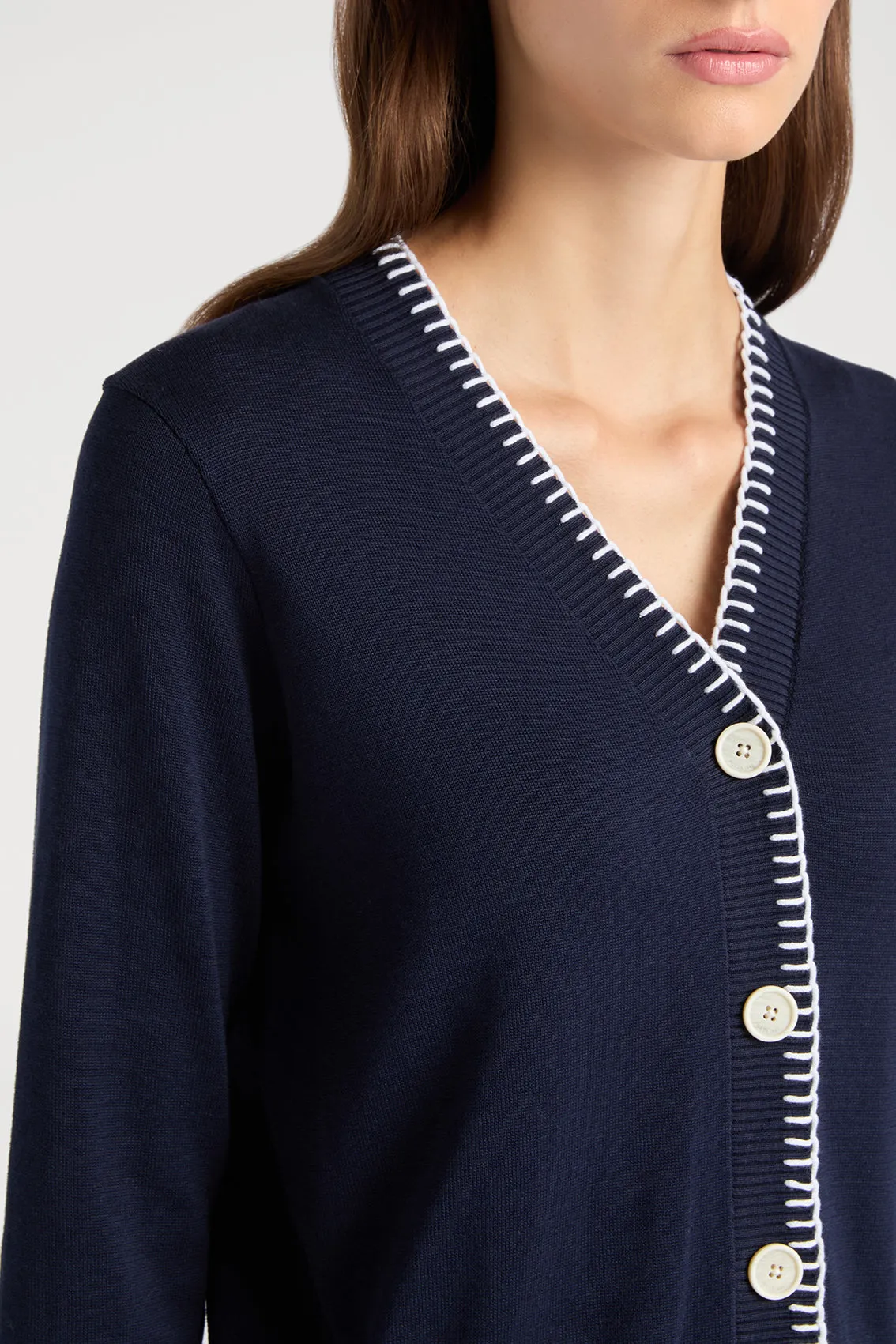 Stylish Navy & White Contrast Top Stitch Cardigan