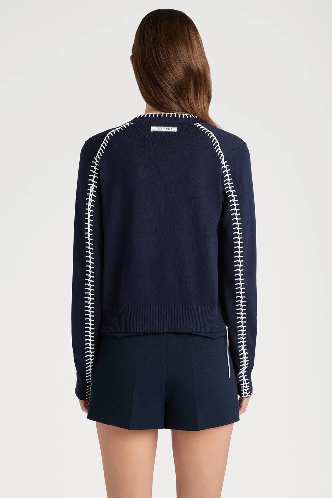 Stylish Navy & White Contrast Top Stitch Cardigan