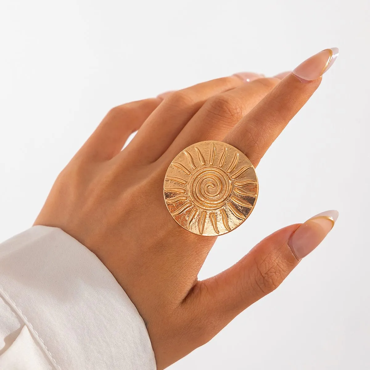 Stylish Relief Sun Round Disk Open Ring