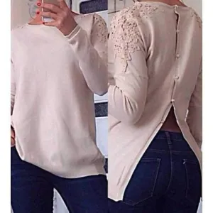 Stylish Round Collar Lace Splicing Button Design Long Sleeve Knitwear For Women - White S