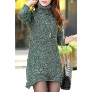 Stylish Turtleneck Long Sleeve Side Slit Women's Mini Sweater Dress - Green M