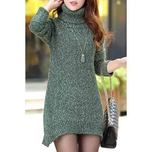 Stylish Turtleneck Long Sleeve Side Slit Women's Mini Sweater Dress - Green M