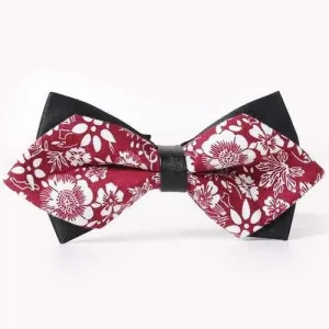 Stylish White Floral Pattern Faux Leather Cuff Double-Deck Bow Tie For Men - Red