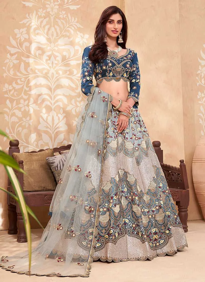 Teal Blue Heavy Floral Embroidered Stylish Lehenga Choli
