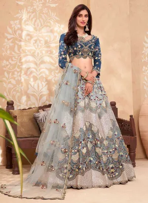 Teal Blue Heavy Floral Embroidered Stylish Lehenga Choli