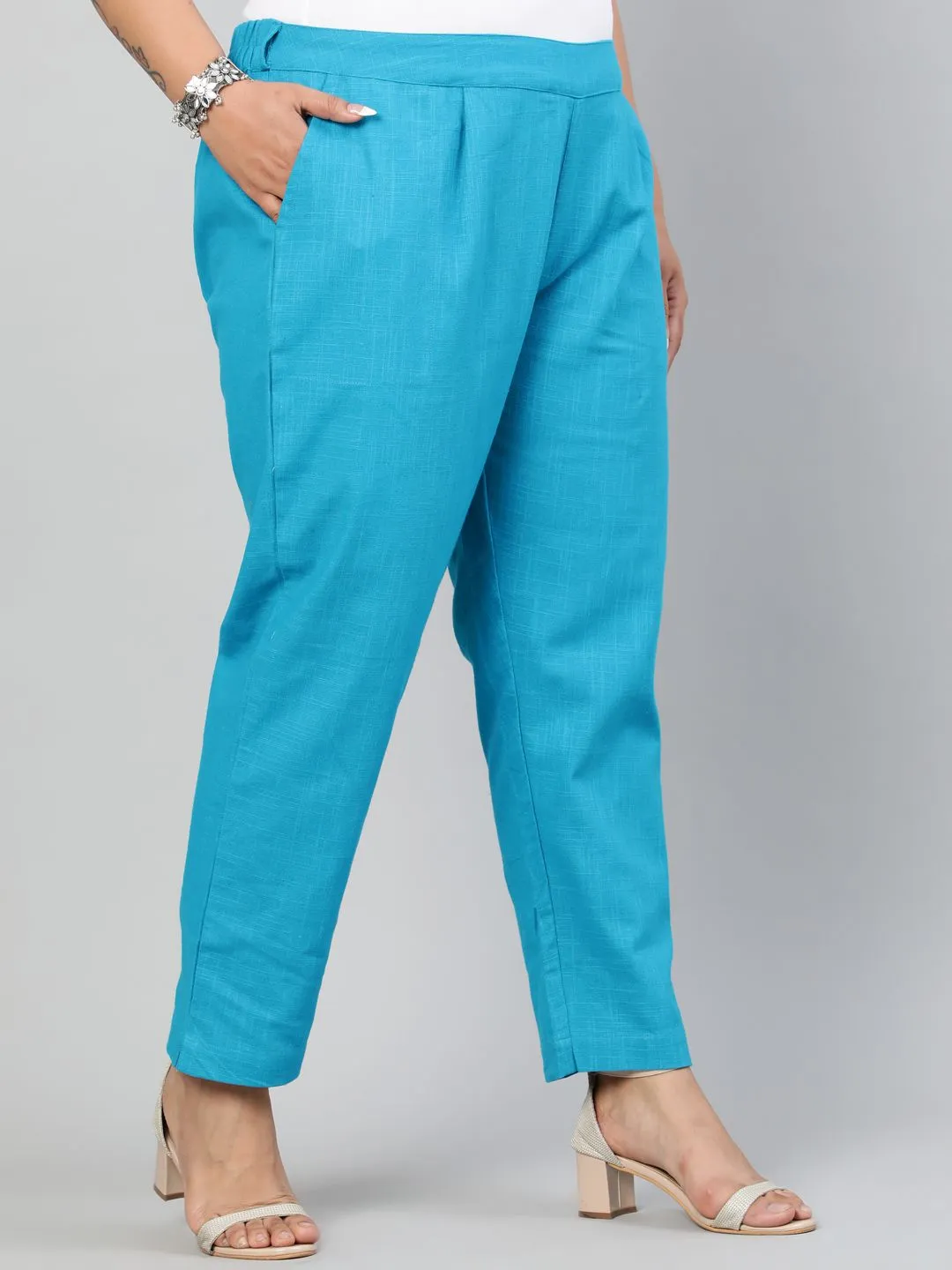 Turquoise Plus Size Ethnic Wear Cotton Slub Pants