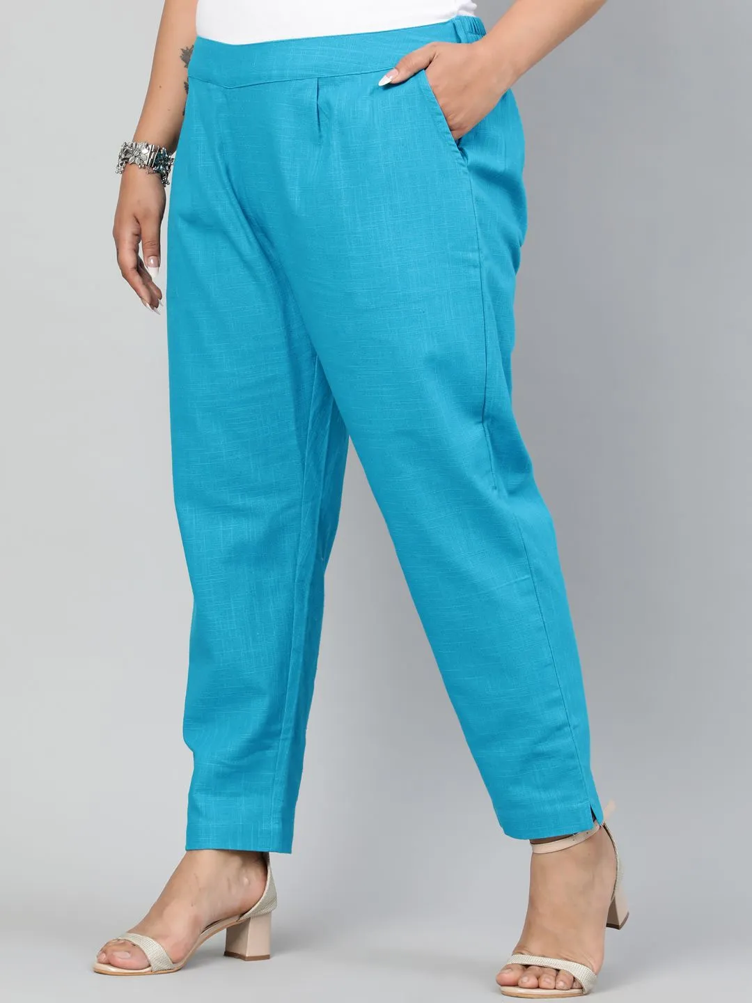 Turquoise Plus Size Ethnic Wear Cotton Slub Pants