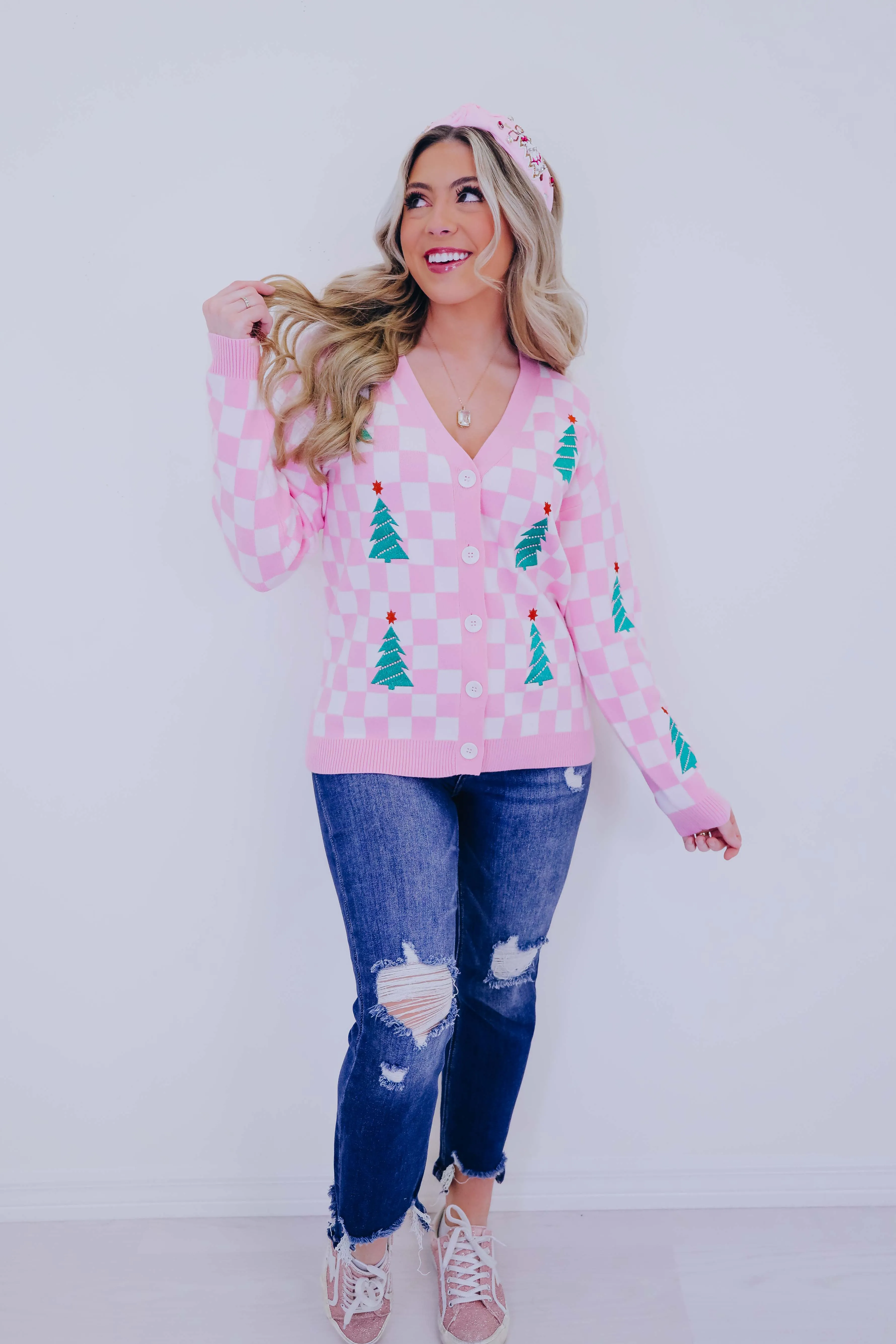 Twinkling Tree Patch Checkered Cardigan