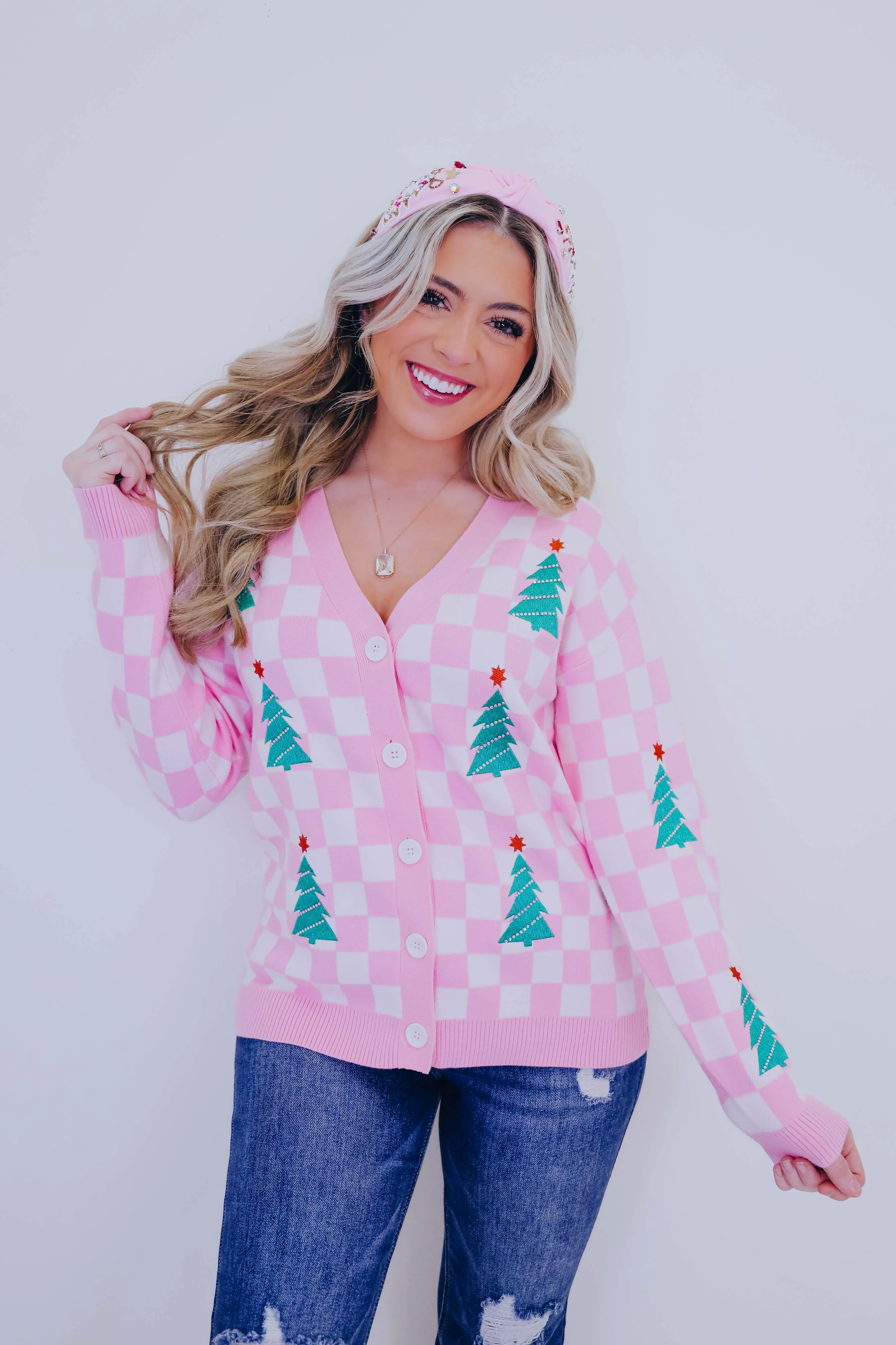 Twinkling Tree Patch Checkered Cardigan