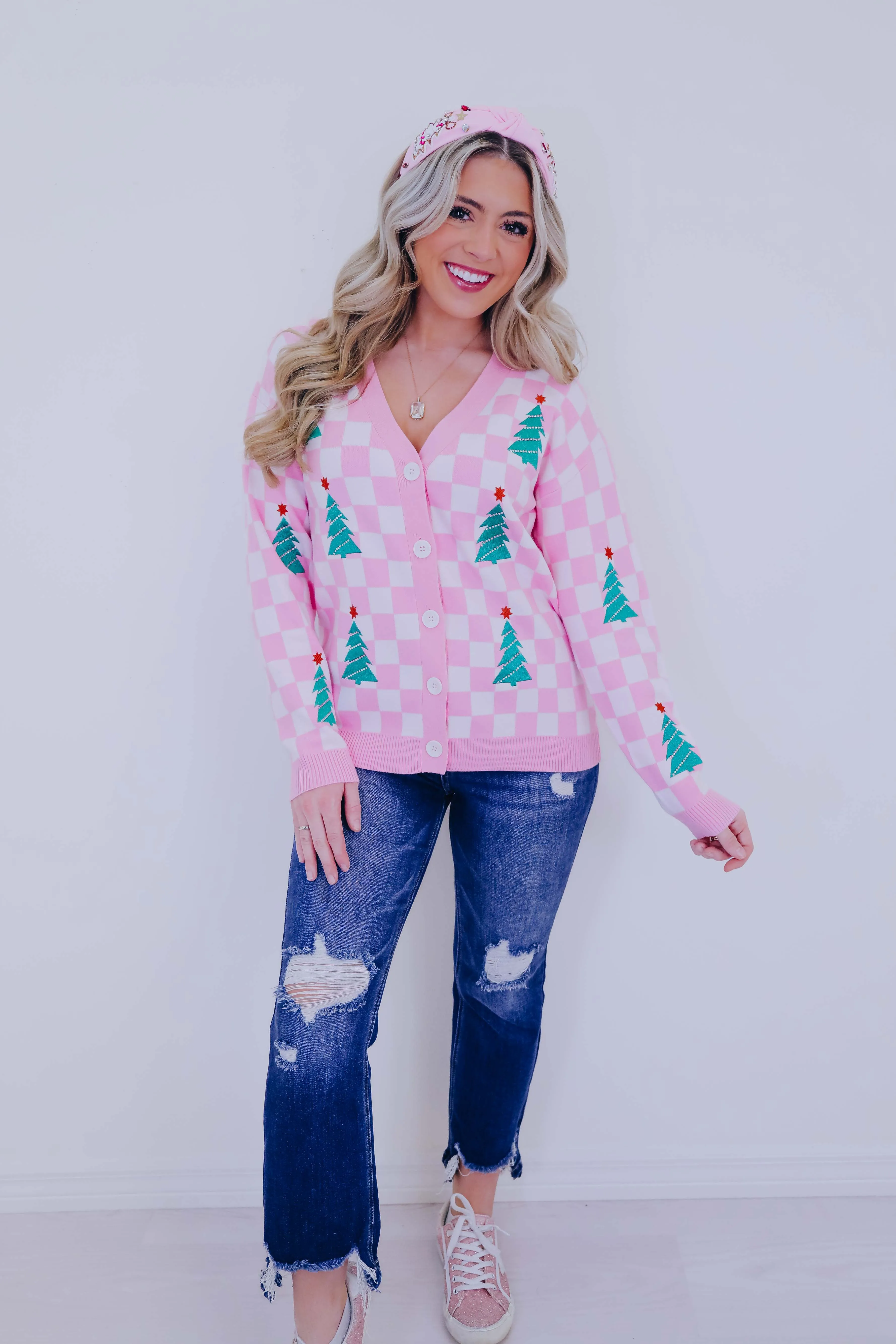 Twinkling Tree Patch Checkered Cardigan