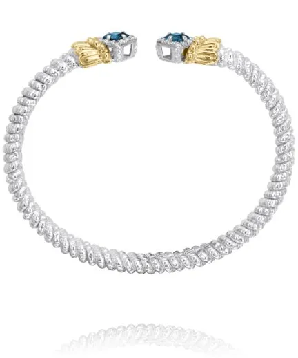 Vahan Sterling Silver & 14K Yellow Gold Compass Set Princess Cut London Blue Topaz & Diamond Bracelet