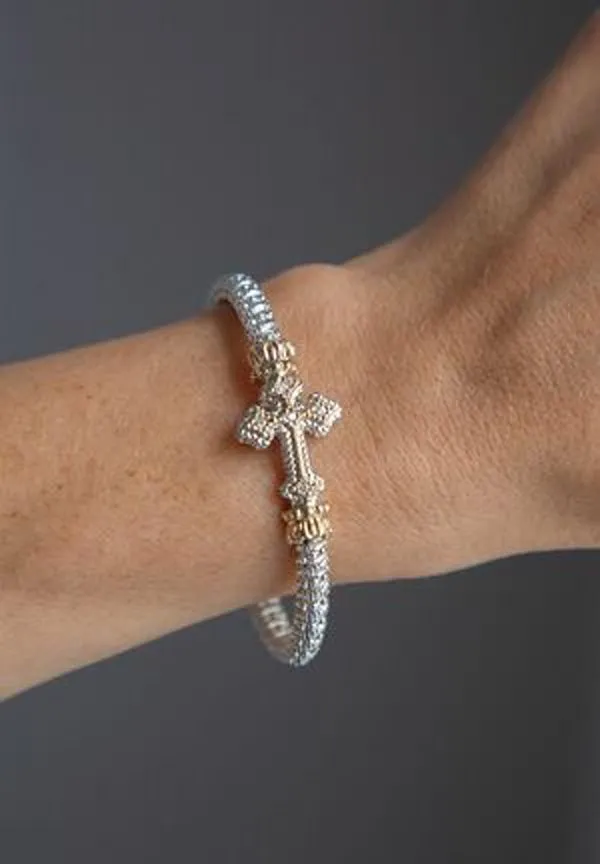 Vahan Sterling Silver & 14K Yellow Gold Large Diamond Cross Bangle Bracelet