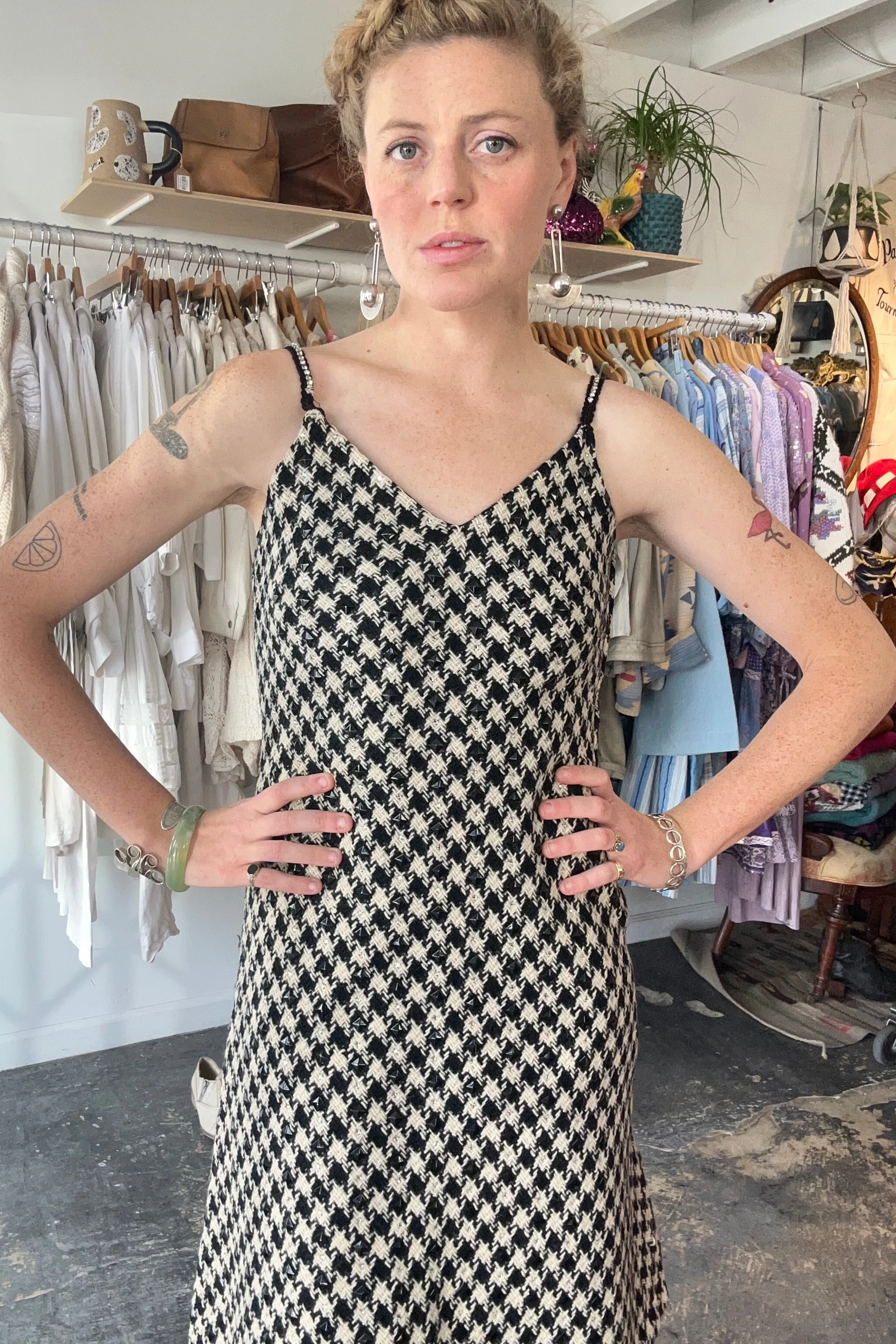 Vintage I. Magnin Woven Houndstooth Beaded Dress