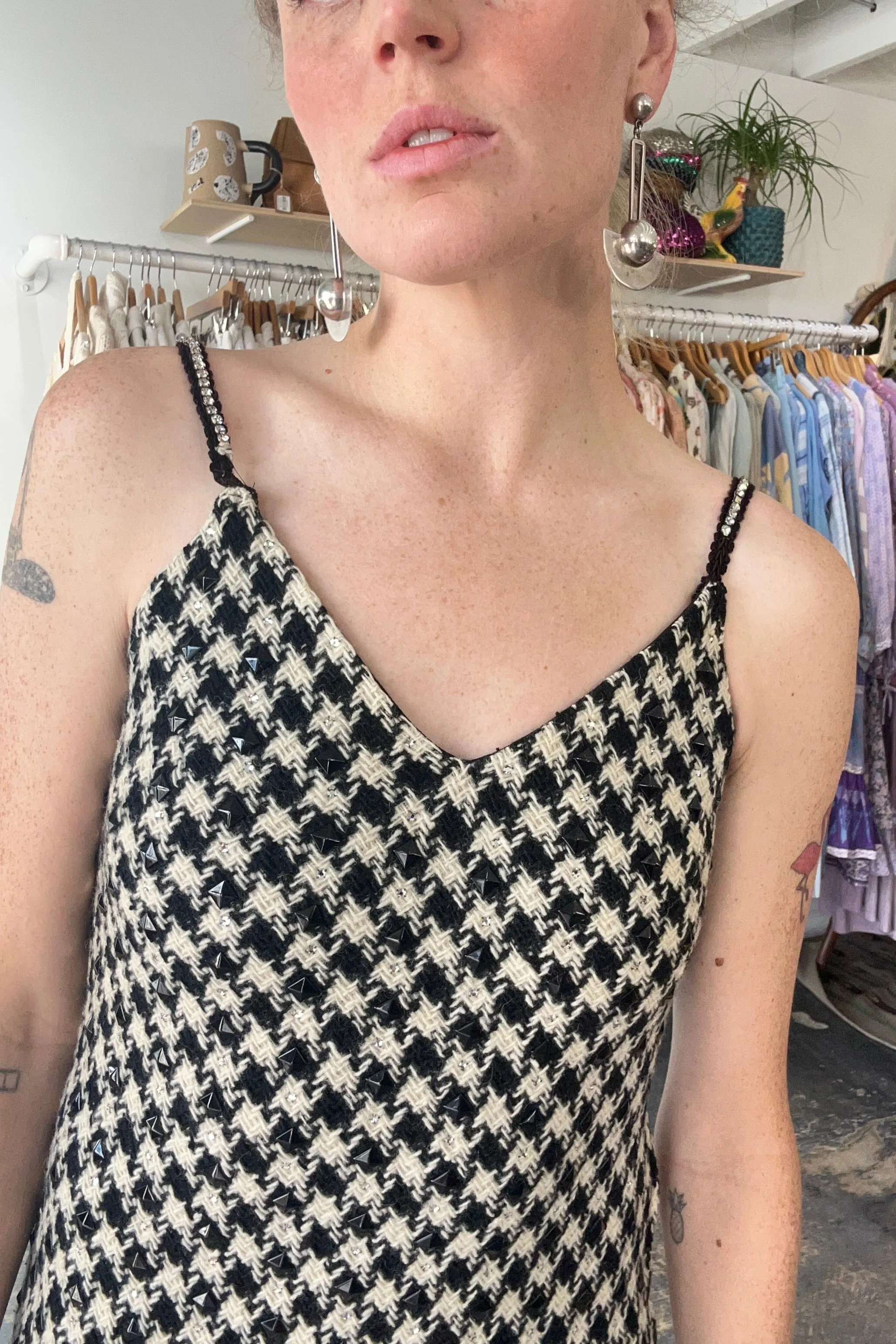 Vintage I. Magnin Woven Houndstooth Beaded Dress